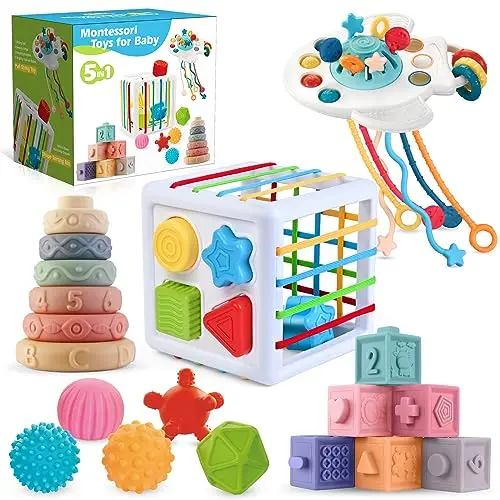 SpringFlower 5-in-1 baby toy set with blocks, rings, balls, and storage bin