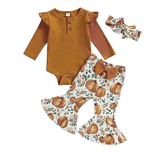 Kuriozud baby girl pumpkin print bell bottom outfit with headband