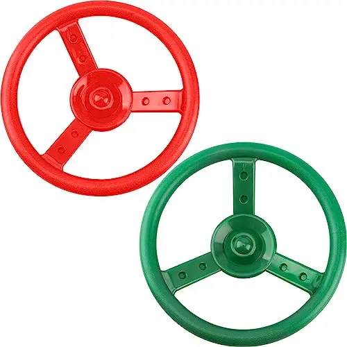 Green and red plastic steering wheels with mounting caps and screws
