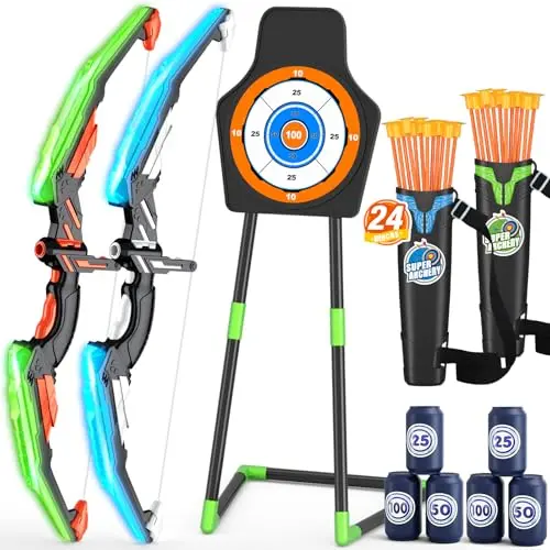 Two LED bow and arrow sets with standing target and score cards