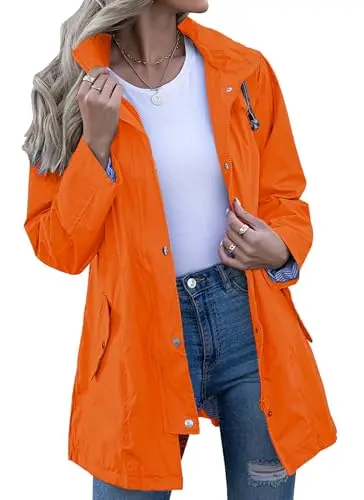 Kikibell women's orange rain jacket with a striped cotton lining and button front.