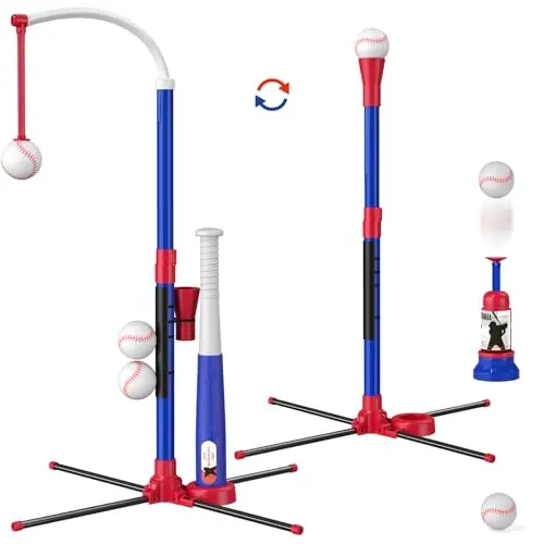 Blue children's baseball set with tee, launcher, and hanging ball