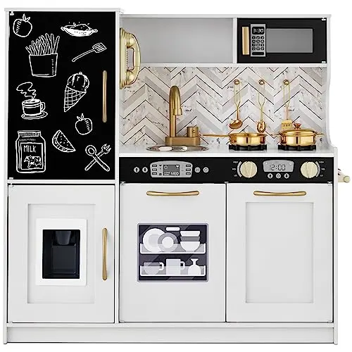 White wooden play kitchen with chalkboard, ice maker, and cordless phone