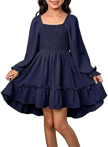 Blibean tween girl navy blue ruffle long sleeve boho dress