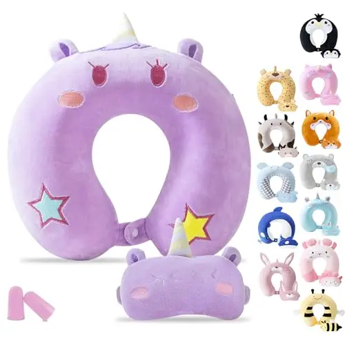 Cirorld cute purple animal travel neck pillow and sleep mask set for kids