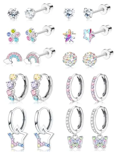 YADOCA 10 pair hypoallergenic earrings set for girls with flat back studs, small huggie hoops, and dangle hoops.