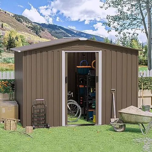 RTDTD brown metal storage shed with sliding door and air vents