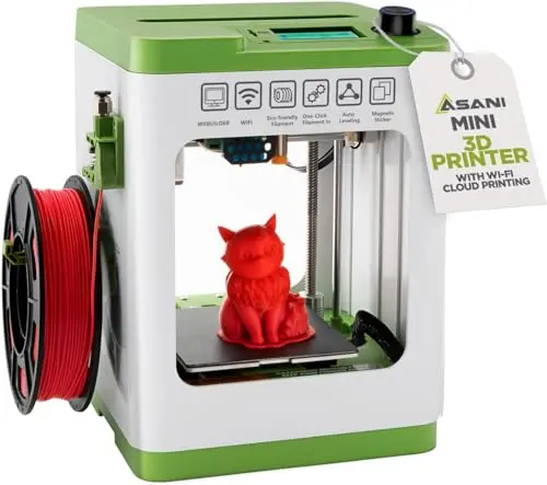 Fully assembled green Asani mini 3D printer for kids on a desk