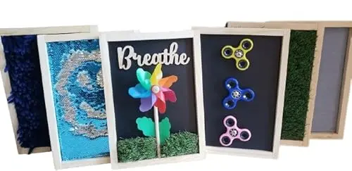 Set of six small wooden sensory boards with various textures and activities