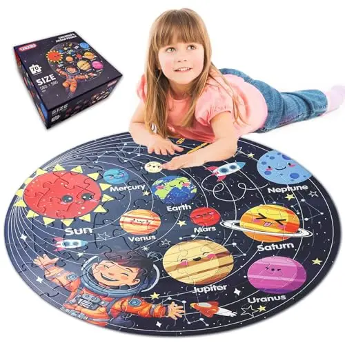 TALGIC round solar system puzzle showing planets in orbit with space background