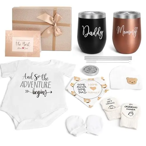 Gift basket with bear-themed baby clothes, bibs, mittens, and stainless steel tumblers for mom and dad