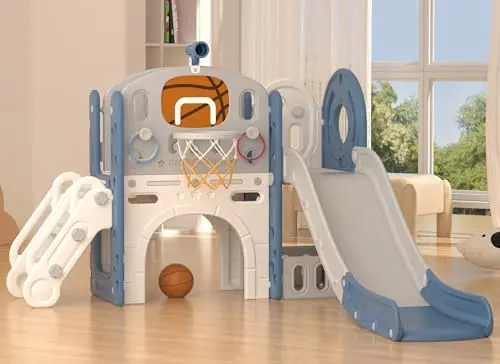 Blue and green toddler slide set with basketball hoop and climbing ladder