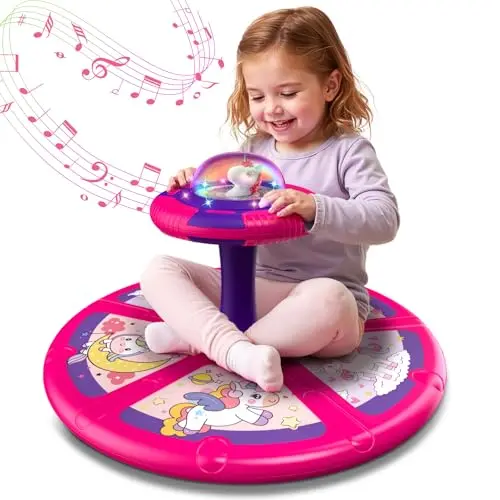 Flooyes unicorn-themed sit and spin toy for toddlers with LED lights