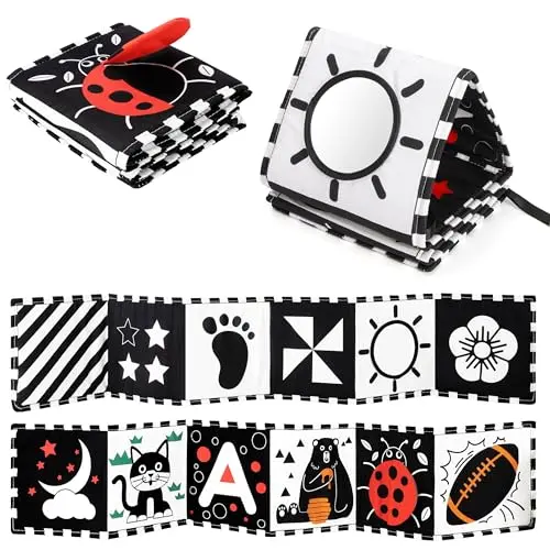 URMYWO soft polyester baby book with black and white high contrast patterns and a safety mirror
