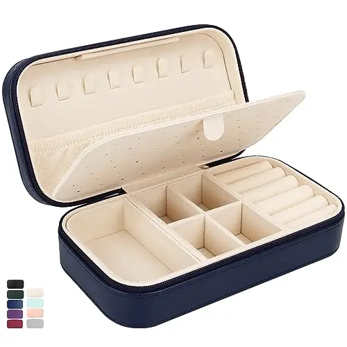 DesignSter dark blue rectangular PU leather travel jewelry box with multiple compartments