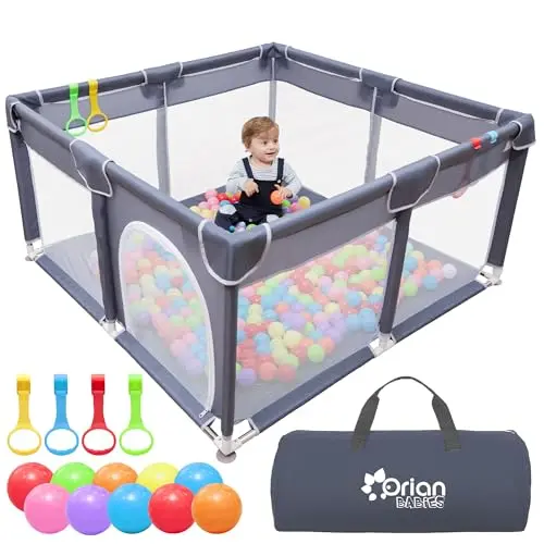 Orian grey baby playpen with colorful balls and pull-up rings inside