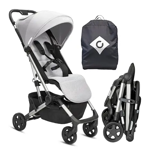 Colugo Compact Stroller folded compactly with its included backpack.