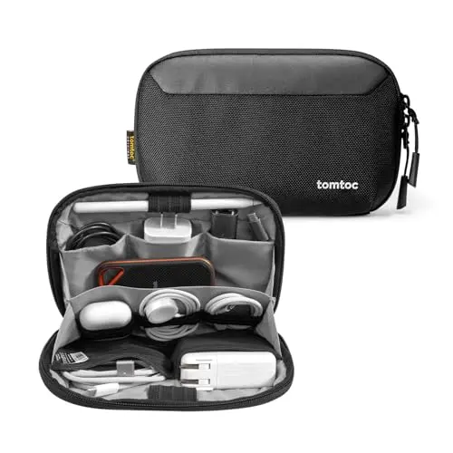 Tomtoc Travel Cable Organizer Pouch in black, showing compartments for cables and accessories.