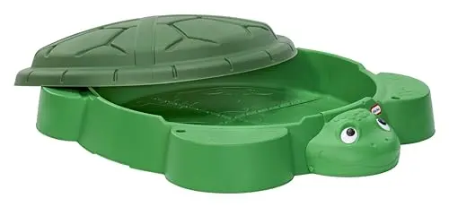 Little Tikes classic green Turtle Sandbox with a removable shell lid and molded-in smile.