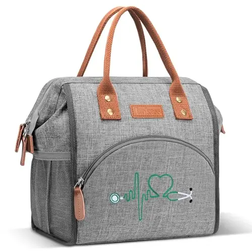 LOKASS Grey insulated lunch tote bag with nurse embroidery design