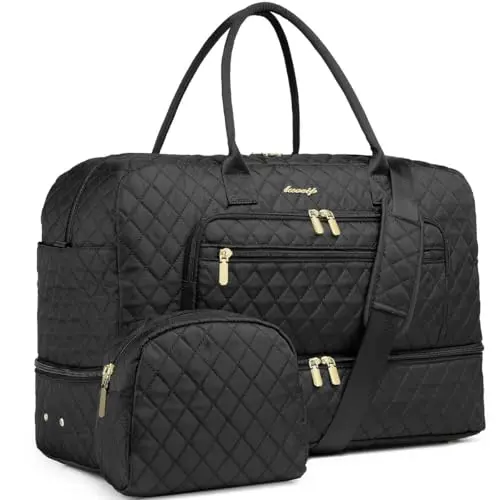 Large Black Women's Duffle Bag with multiple zippers and a shoe compartment open