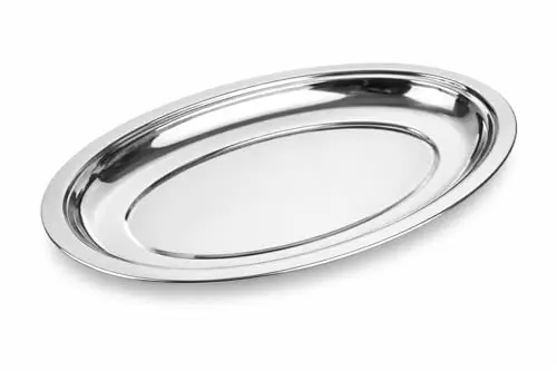 Chandler Oval Serving Tray showing stainless steel oval shape with raised rim