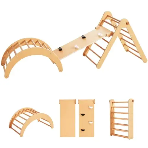Asweets natural wood foldable Pikler triangle climber with ramp and arch
