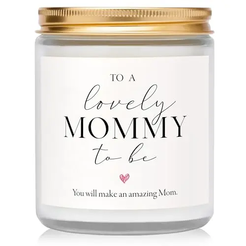 Elequaint lavender scented candle in a glass jar with a congratulatory message for pregnant women