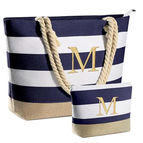 YOOLIFE Monogrammed Canvas Beach Tote Bag with cosmetic bag