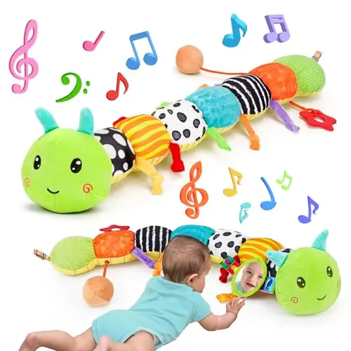 Colorful caterpillar plush sensory toy with mirror for infants
