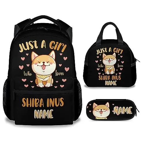 UNIKITTY Shiba Inu-themed backpack set with lunch box and pencil case, personalized with a name