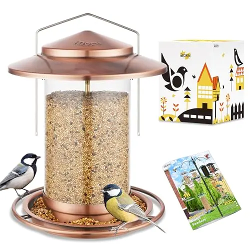 iBorn brushed copper metal bird feeder with a large roof and tray for cardinals.