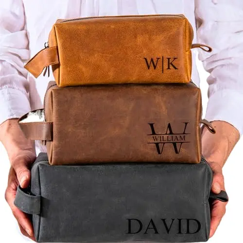 Personalized brown leather toiletry bag with name engraving