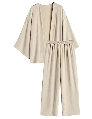 Zaful women's linen cardigan and wide-leg pants set in a neutral color