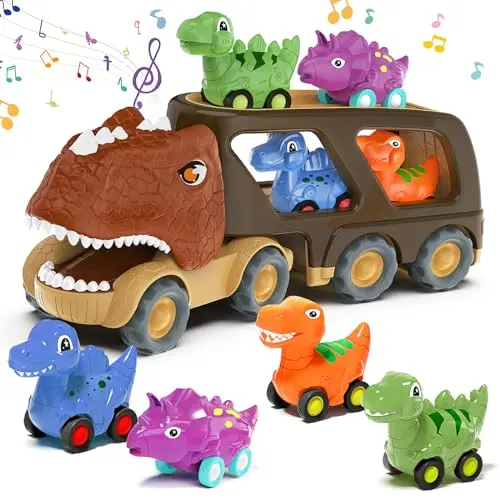 Dinosaur-themed transport truck toy with four small dinosaur car toys