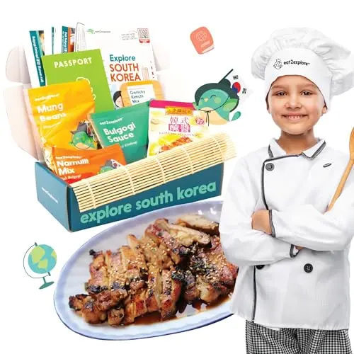 eat2explore South Korea Cooking Kit with spatula, recipe cards, and sauces