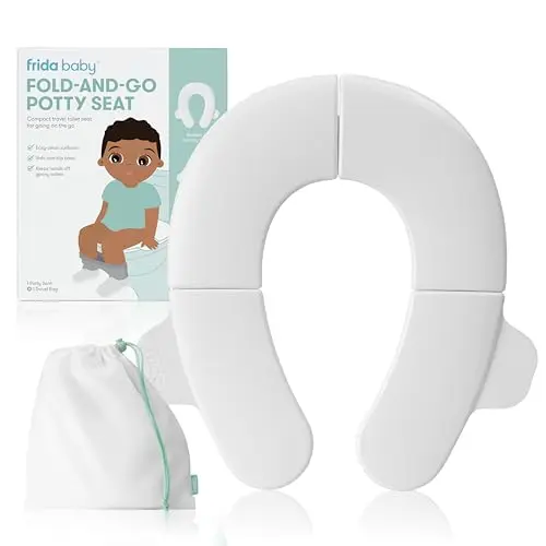 Frida Baby Fold-and-Go portable potty seat, folded and in its included travel bag