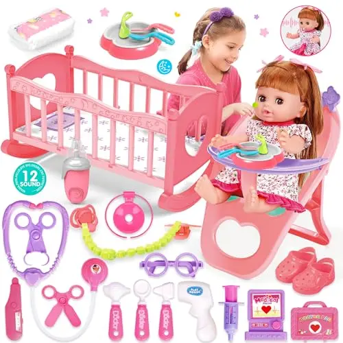 PROOU 14 inch baby doll set with crib, high chair, and medical toy accessories
