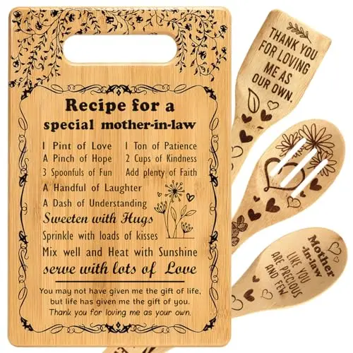 A set of yellow bamboo kitchen utensils including a cutting board, spatula, and spoons with engraved messages.