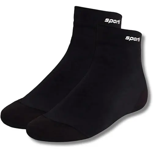 Sporti Nylon Spandex swim sock in black, showing stretchy material and fit