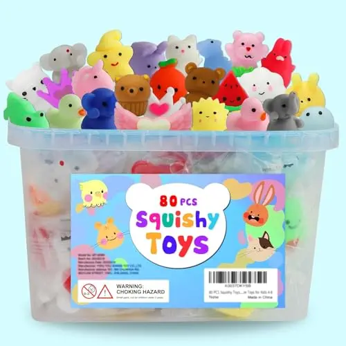Bucket of 80 mini kawaii squishy toys featuring animals and fruits