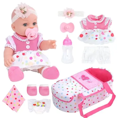 DONTNO 12-inch baby doll with carry handle bassinet bed, clothes, bottle, and diaper