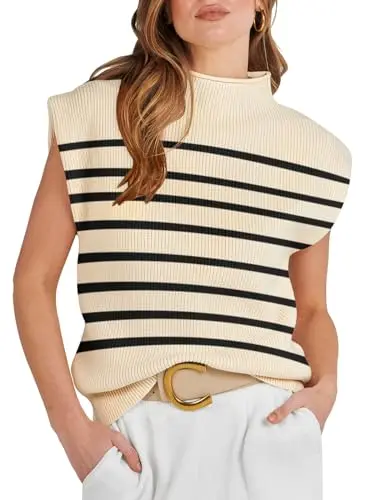 Anrabess Women's Mock Neck Sleeveless Striped Sweater Vest in Beige
