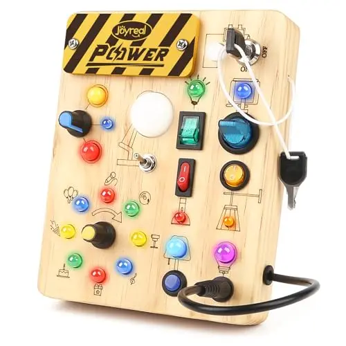 Wooden busy board for toddlers with LED light-up switches and buttons