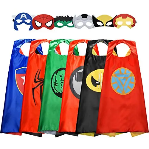 Set of six colorful superhero capes and masks for kids dress-up play