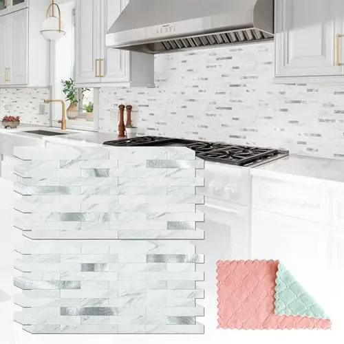 White marble with metal silver look peel and stick backsplash sheets