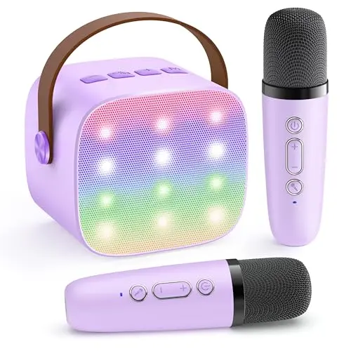 YLL purple mini karaoke machine for kids with two wireless microphones