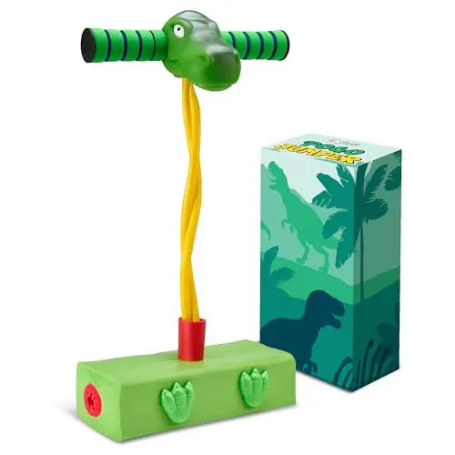 Green foam pogo stick with a dinosaur head and claws