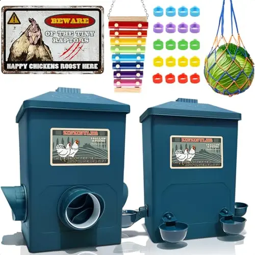 ZINZINULER blue automatic chicken feeder and red cup waterer set hanging on a fence