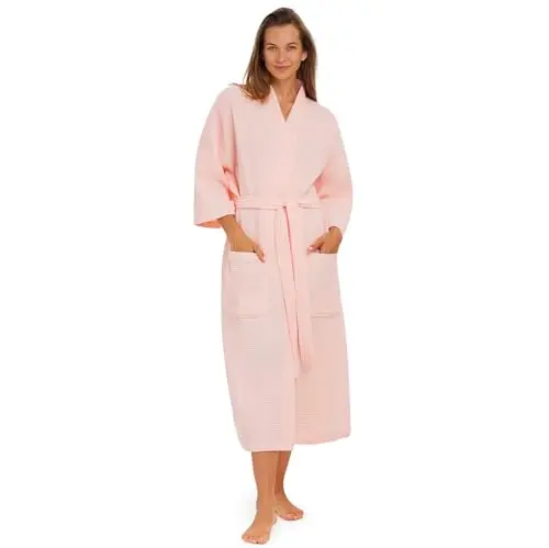Monarch Square Waffle Spa Kimono Robe in pink, showing waffle texture and kimono-style collar